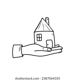 Hand gives home vector icon in doodle style. Symbol in simple design. Cartoon object hand drawn isolated on white background.