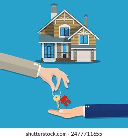 hand gives house door keys to another hand. buy, rental or lease a house. real estate, vector illustration in flat style.