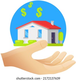 Hand gives house and receives money for it. Person buy homes on mortgage and pay to bank. People invest money in real estate property. Concept of KPR, rent and KPR. Right investment, purchase