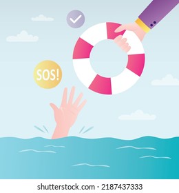 Hand gives lifebuoy to drowning man. Rescuing businessman from crisis situation. Entrepreneur mired in lot of debt and taxes. Drowner with financial problems screaming sos. Flat vector illustration