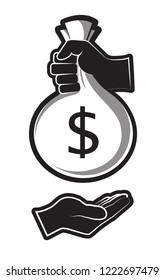 Hand gives money to another hand.