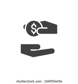 Hand gives money to another hand vector icon. filled flat sign for mobile concept and web design. Charity, Donations payment simple solid icon. Symbol, logo illustration. Pixel perfect vector graphics