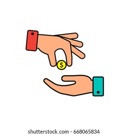 Hand gives money coin to other person icon, give alms or donates. Web icon. Vector color illustration.