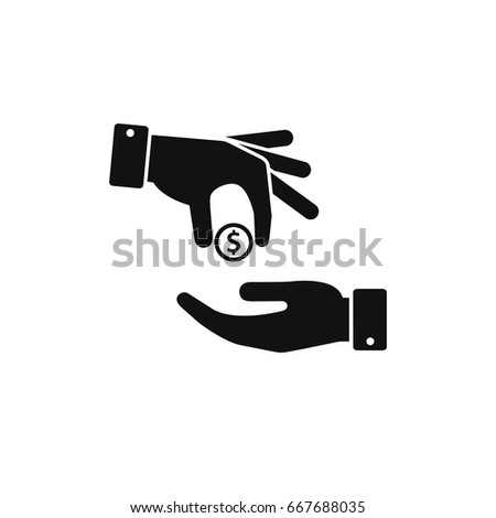 Hand gives money coin to other person icon, give alms, donate web icon. Vector.