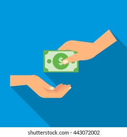 Hand gives money icon in flat style with long shadow. Transfer of funds symbol