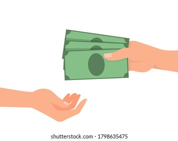 Hand gives money to the other hand, advance payment, bribe. Vector illustration, flat cartoon design, isolated on white background, eps 10.