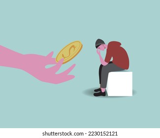 Hand gives money to sad person with problem, flat vector stock illustration isolated as concept volunteer