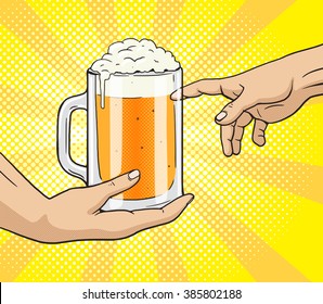 Hand gives a mug of beer to other hand pop art style vector illustration. Comic book style imitation. Classic art painting imitation. Funny image with toilet paper