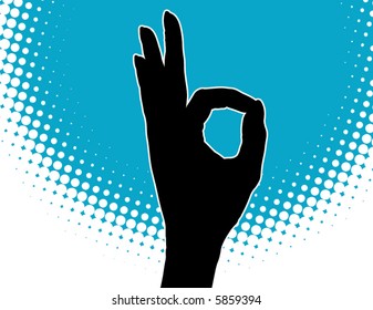 A hand gives the ok sign against a blue background