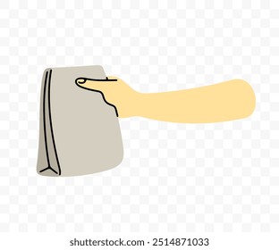 Hand gives paper bag with food, graphic design. Holds out in paper packaging, sale fast food, vector design and illustration