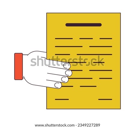 Hand gives paper blank flat line color isolated vector object. Share information. Editable clip art image on white background. Simple outline cartoon spot illustration for web design