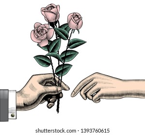 A man’s hand gives roses to a woman. Vintage engravings stylized as a drawing. Vector illustration