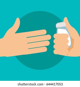 Hand gives a salt shaker. Vector flat illustration