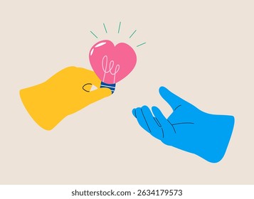 Hand gives to someone lamp with heart inside of it. Colorful vector illustration
