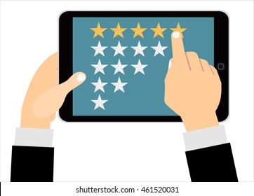 Hand Gives A Star Rating With Tablet. Voting, User Review, Feedback Concept.