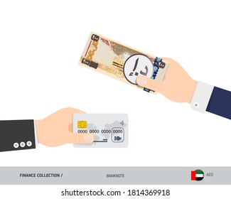Hand giving 200 United Arab Emirates Dirham Banknote. Banknote and credit card instead. Flat style vector illustration. Business finance concept.
