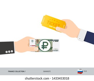 Hand giving 5 Russian Ruble Banknote. Ruble banknote and ticket instead. Flat style vector illustration. Business finance concept.
