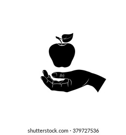 A hand giving apple, flat icon isolated on white background