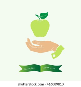 A hand giving apple, flat icon isolated on white background