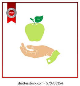 A hand giving apple, flat icon isolated on white background