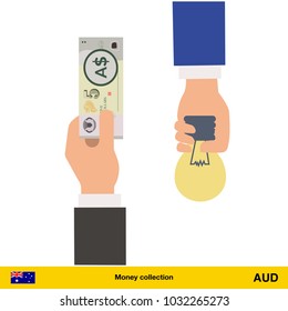 Hand giving Australian dollar banknote and idea instead. Business finance concept over white background, vector illustration.