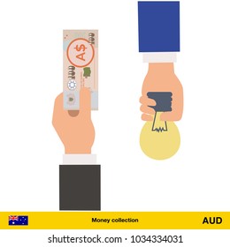 Hand giving  Australian dollar banknote and idea instead. Business finance concept over white background, vector illustration.