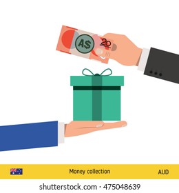 Hand giving Australian Dollar banknote and present gift instead. Shopping design over white background, vector illustration.