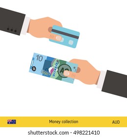 Hand giving Australian dollar banknote and credit card instead. Business finance concept over white background, vector illustration.