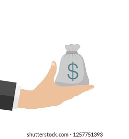 Hand giving a bag of money. US dollar sign. Comfort money concept.  Fast cash. Money service. Vector isolated illustration