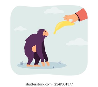 Hand Giving Banana To Monkey Flat Vector Illustration. Person Feeding Chimpanzee At Zoo. Wild Animal, Food Concept For Banner, Website Design Or Landing Web Page