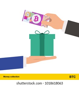 Hand giving Bitcoin banknote and present gift instead. Shopping design over white background, vector illustration.