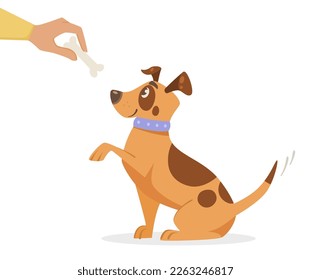 Hand giving bone to cute puppy character vector illustration. Cartoon drawing of owner playing with or training adorable comic dog on white background. Pets or domestic animals, love, care concept