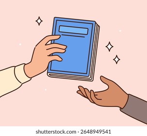 Hand giving book to another person. Book exchange, borrowing from library, reading literature. Cartoon drawing, vector illustration.