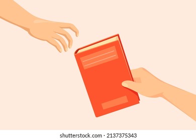 Hand Giving Book. Exchange Books, Hands Borrow Knowledge, Swap Gift Reading Sharing School Library, Cartoon Vector Illustration. Hand Give Book, Exchange To Read