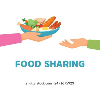 Hand giving bowl of food for needy people as Food sharing concept  