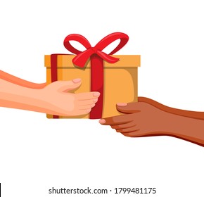 Hand giving box. gift box present or donation with diversity people support and charity symbol concept in cartoon illustration vector on white background