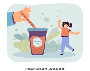 Hand giving bubble tea to happy tiny cute kid. Adorable girl drinking sweet chocolate beverage flat vector illustration. Beverage, summer concept for banner, website design or landing web page