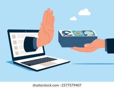 Hand giving businessman money pound sterling banknote. Hand refuse to take illegal money. Stop corruption, anti bribery. Flat vector illustration