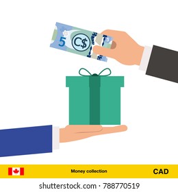 Hand giving Canadian dollar banknote and present gift instead. Shopping design over white background, vector illustration.