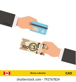 Hand giving Canadian dollar banknote and credit card instead. Business finance concept over white background, vector illustration.