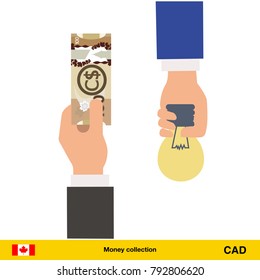 Hand giving Canadian dollar banknote and idea instead. Business finance concept over white background, vector illustration.