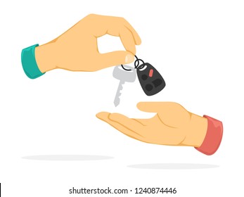 Hand giving car key. Idea of loan and car rental. Buy and sell property. Isolated flat vector illustration