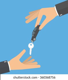 Hand giving car keys to another hand. Receiving car keys concept. Flat design