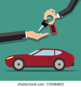 Hand giving car keys to another hand with red car - vector illustration