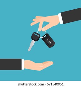 Hand Giving Car Keys With Chain. Car Rental Or Sale Concept In Flat Style. Vector Image