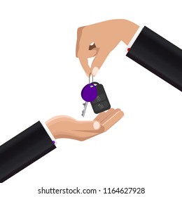 Hand giving car keys. Concept of buying or renting car. Vector illustration