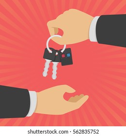 Hand giving car keys with keyholder of the alarm system. Auto rental or sale concept in flat style. Vector Illustration EPS 10.