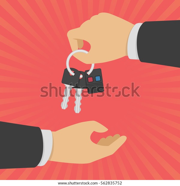 Hand giving car keys with keyholder of the alarm\
system. Auto rental or sale concept in flat style. Vector\
Illustration EPS 10.
