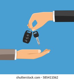 Hand Giving Car Keys In The Other Hand. Purchase Or Rental Car Concept With Flat Style Icon. Isolated Vector Illustration