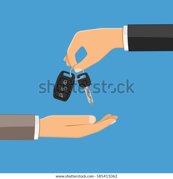 hand\
giving car keys in the other hand. purchase or rental car concept\
with flat style icon. isolated vector\
illustration